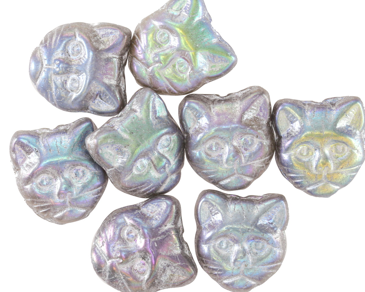 Czech Glass Silver AB Cat Head 12mm