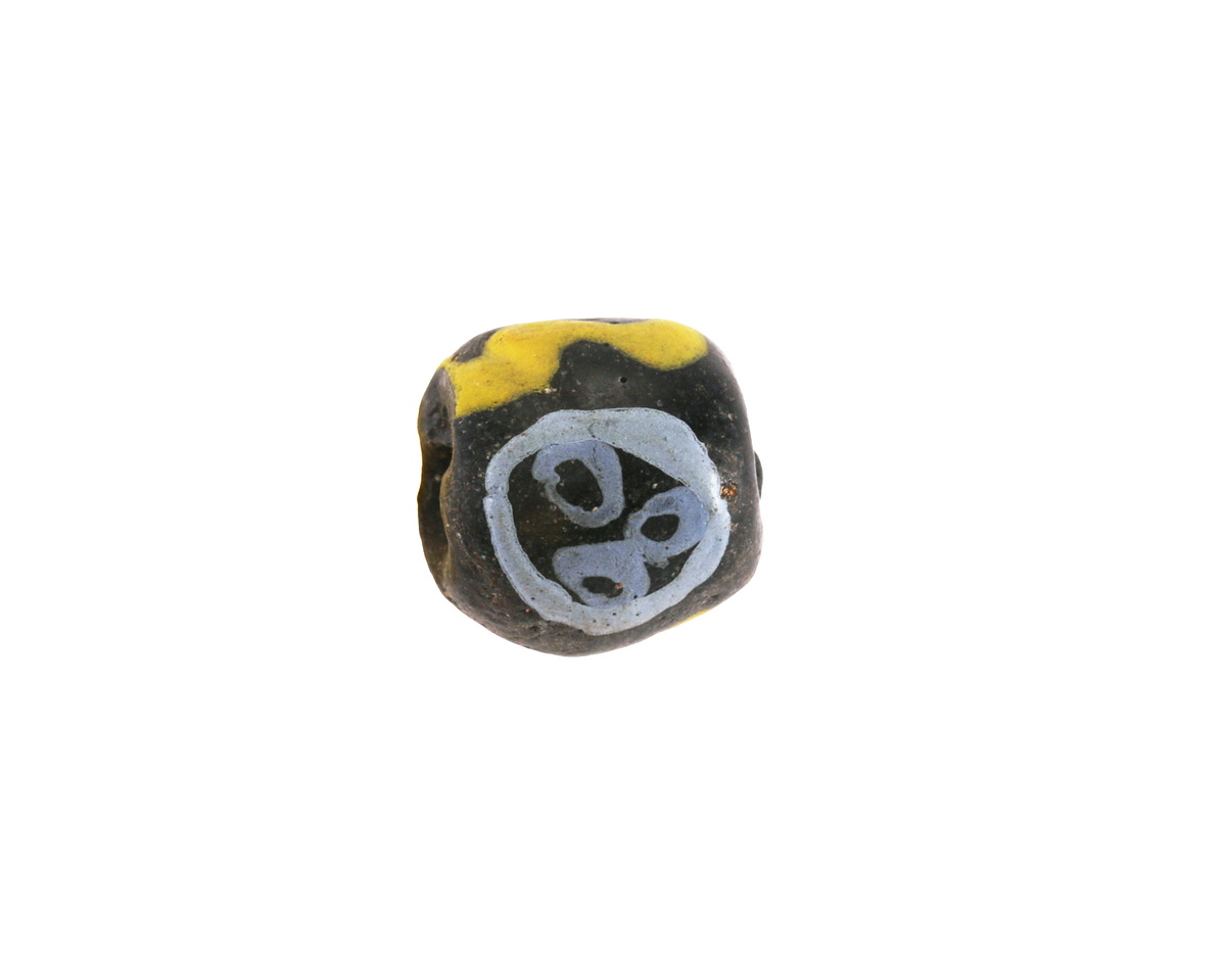 African Glass (Krobo) Black Powder-Cast Hand-Painted Blue & Yellow Round Bead 17mm