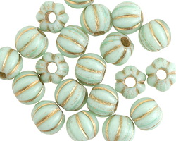 Czech Glass Mint Green w/ Gold Large Hole Melon Round 8mm