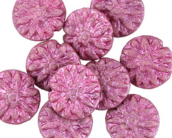 Czech Glass Etched Metallic Pink Dahlia Coin 14mm