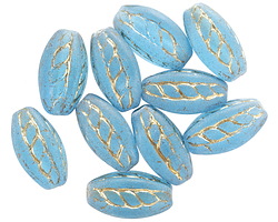 Czech Glass Matte Aquamarine w/ Gold Roped 4-sided Rice Oval 15x9mm