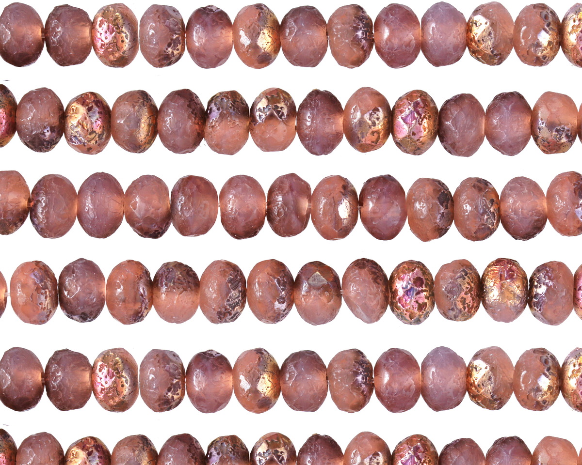 Czech Glass Matte Textured Pink Opal w/ Metallic Rainbow Fire Polished Rondelle 3x5mm