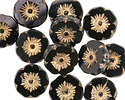 Czech Glass Jet w/ Gold Hibiscus Coin 12mm