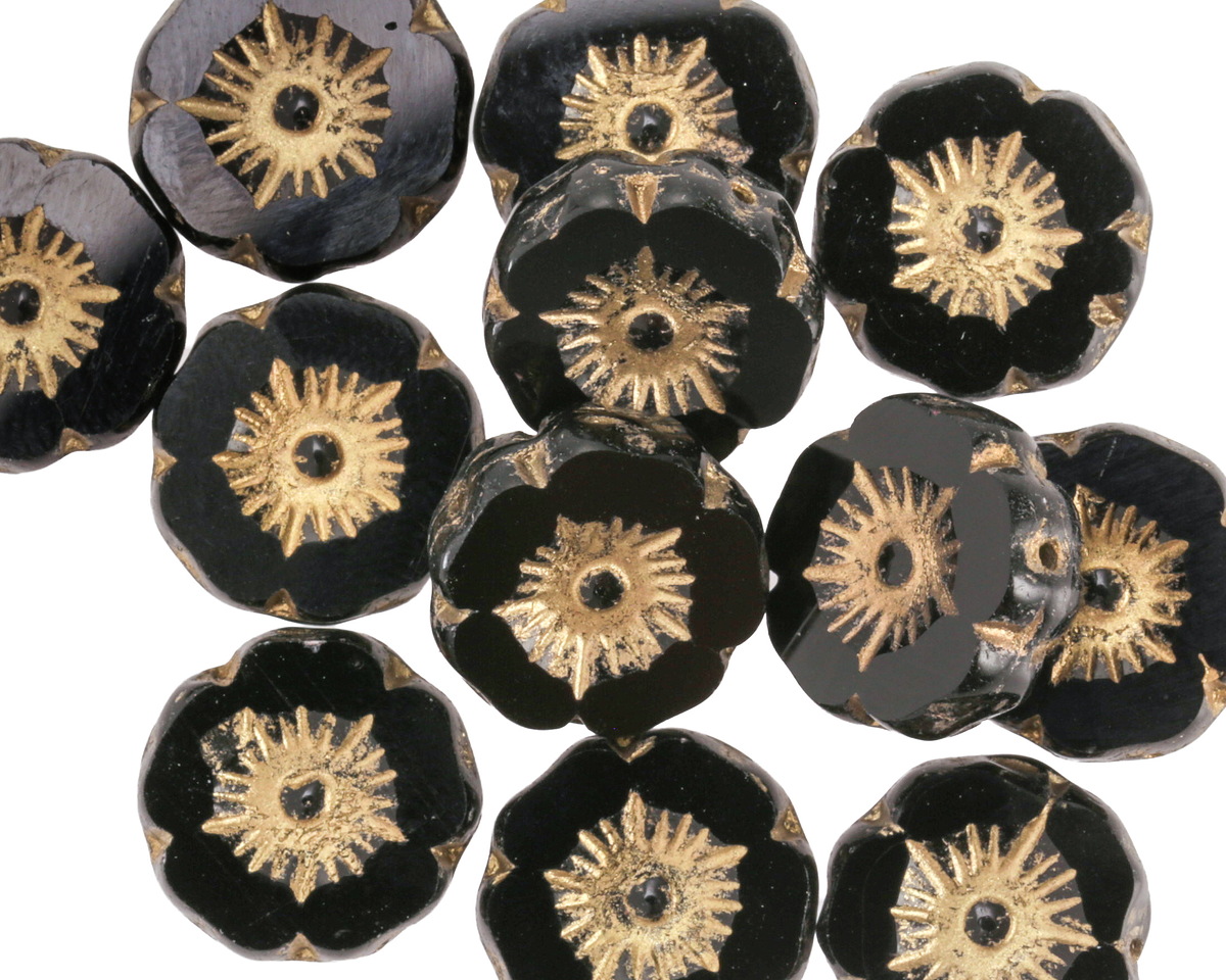 Czech Glass Jet w/ Gold Hibiscus Coin 12mm