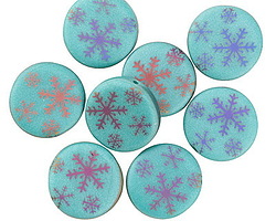 Czech Glass Laser Etched Snowflakes on Turquoise w/ Rainbow Finish Coin 14mm
