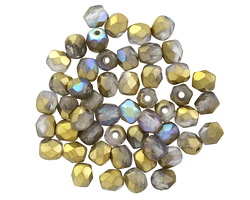 Czech Glass Matte Black Diamond w/ Gold AB Fire Polished Round 4mm