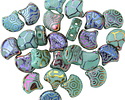 Czech Glass Laser Etched Mixed Designs on Turquoise w/ Rainbow Finish 2-Hole Ginkgo Leaf 7.5mm