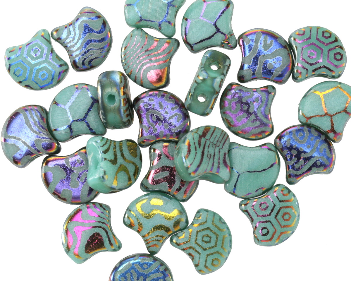 Czech Glass Laser Etched Mixed Designs on Turquoise w/ Rainbow Finish 2-Hole Ginkgo Leaf 7.5mm