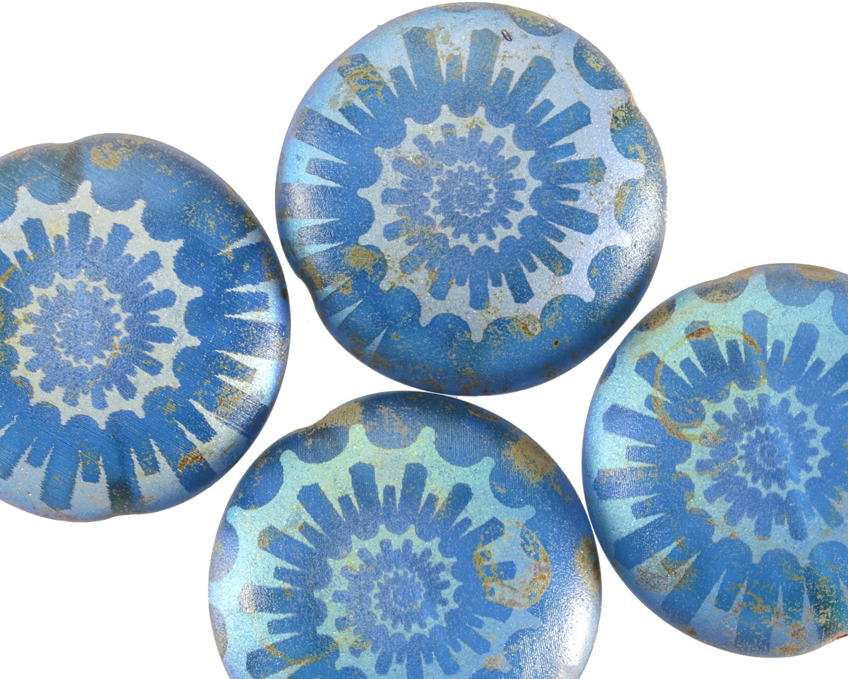 Czech Glass Laser Etched Ammonite on Capri AB w/ Rembrandt Finish Puff Coin 20mm