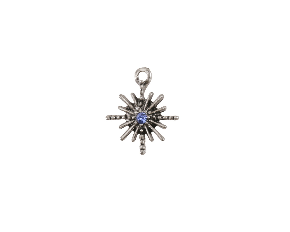 Antique Silver (Plated) Sunburst w/ Light Sapphire Crystal Charm 10x12mm