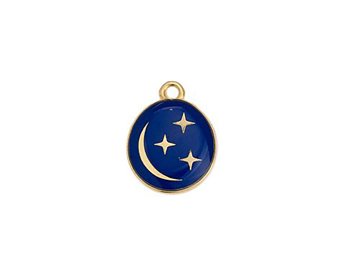 24K Gold (plated) Cobalt Enamel Crescent Moon & Stars Oval Focal 12x16mm