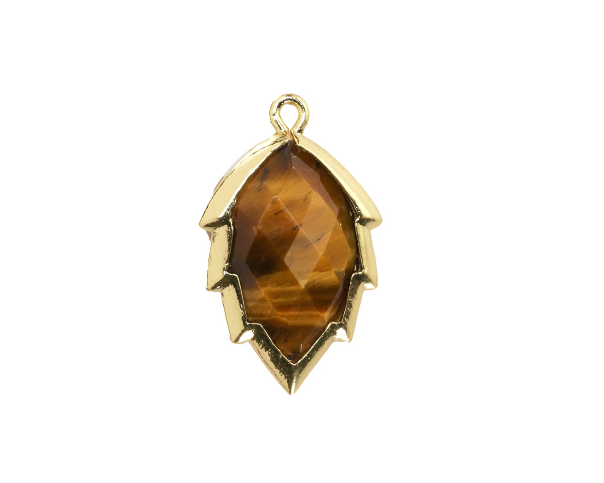 Tiger Eye Faceted Puff Leaf Focal w/ Gold Finish 14x22mm