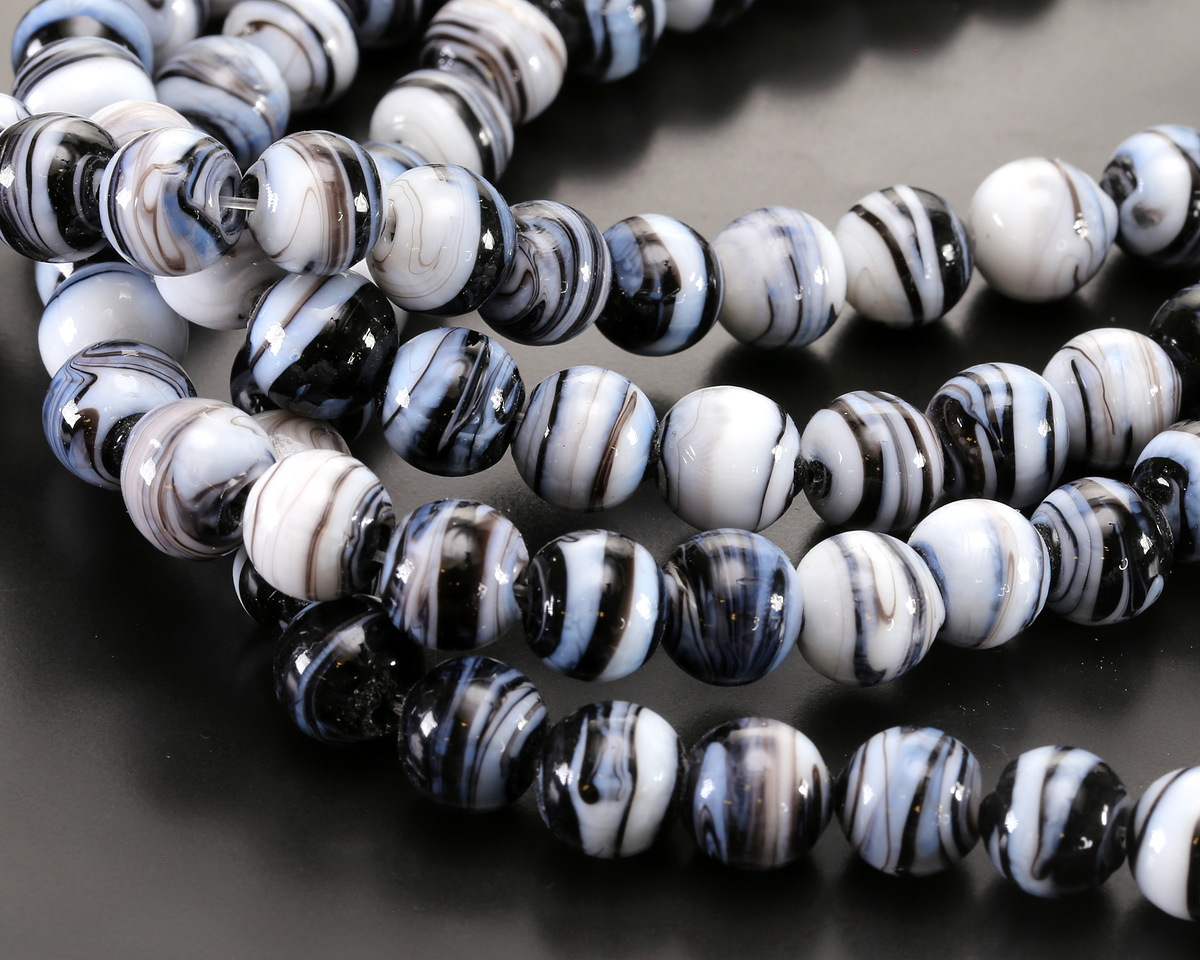 Jet & White Swirl Lampwork Glass Round 10mm