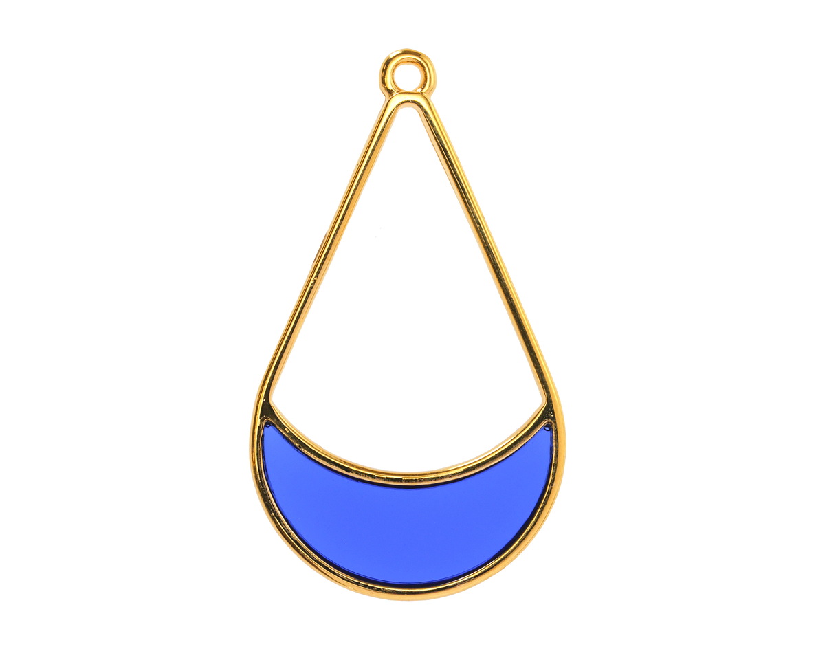 24K Gold (Plated) Transparent Cobalt Blue Resin Openwork Teardrop Focal 24x42mm
