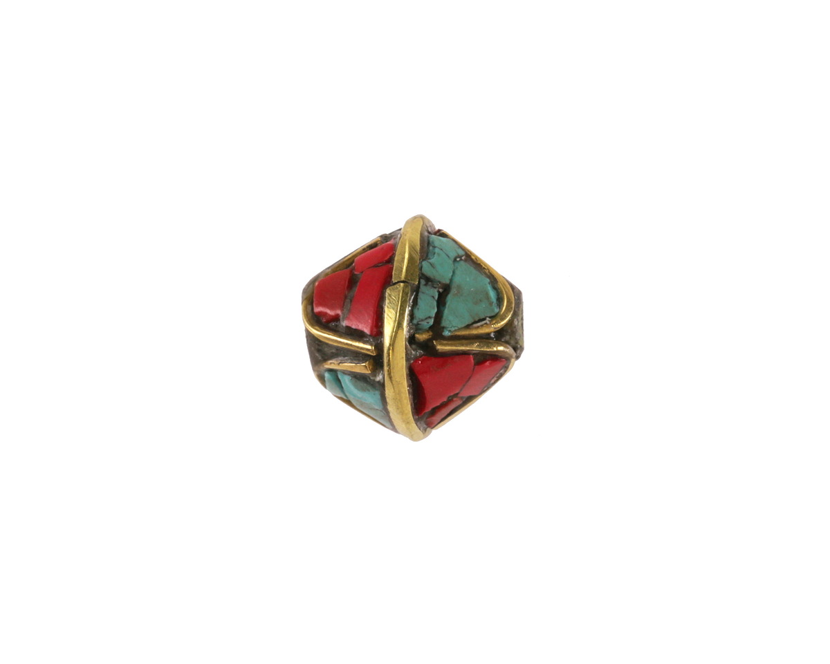 Nepalese Brass w/ Coral & Turquoise Mosaic Bicone Bead 6-7x7mm
