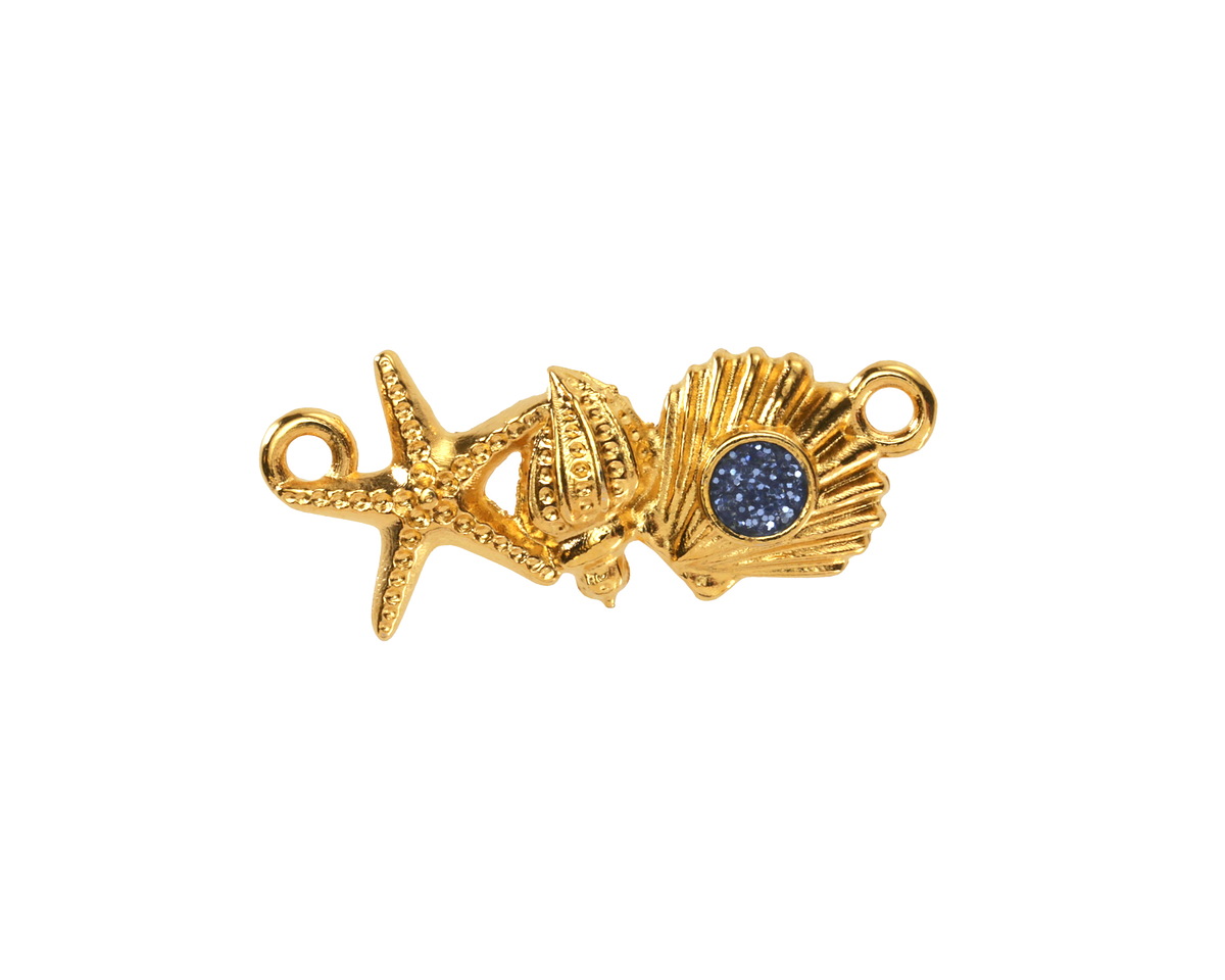 24K Gold (plated) Navy Blue Glitter Enamel Sea Elements Focal Link 26x11mm