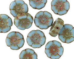 Czech Glass Aquamarine Sky Hibiscus Coin 12mm