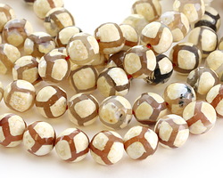 Tibetan (Dzi) Agate Ivory & Natural Patterned Faceted Round 10mm