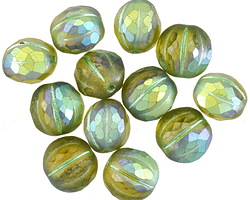 Czech Glass Matte Peridot AB w/ Metallic Green Faceted Melon Round 10mm