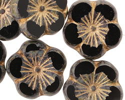 Czech Glass Jet Picasso w/ Bronze Hibiscus Coin 21mm