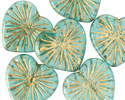 Czech Glass Matte Aquamarine w/ Gold Wash Starburst Heart 22mm
