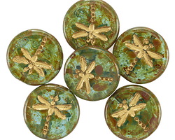 Czech Glass Aquamarine Picasso w/ Gold Dragonfly Coin 17mm