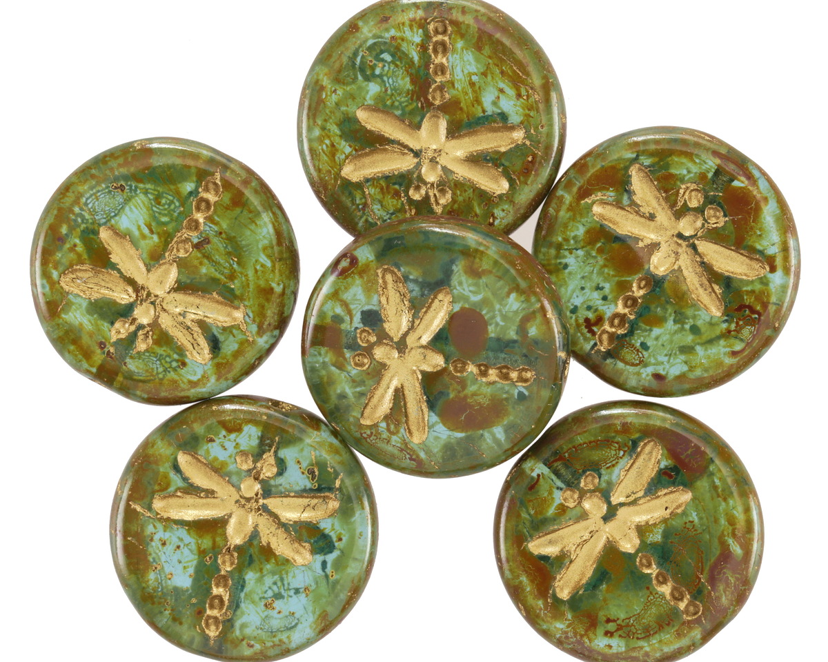 Czech Glass Aquamarine Picasso w/ Gold Dragonfly Coin 17mm