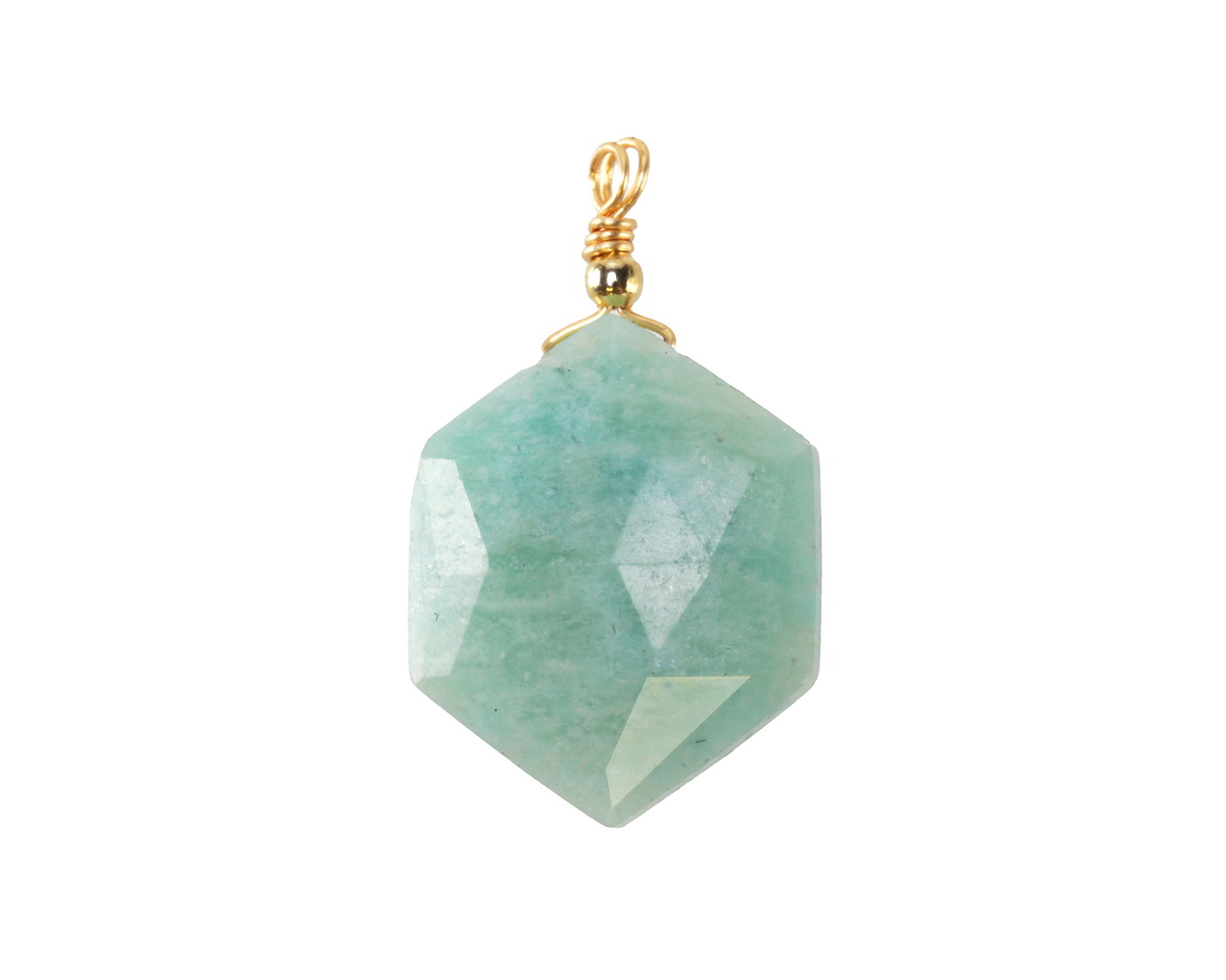 Brazilian Amazonite w/ Gold Finish Faceted Hexagon Wire Wrapped Pendant 20x25mm