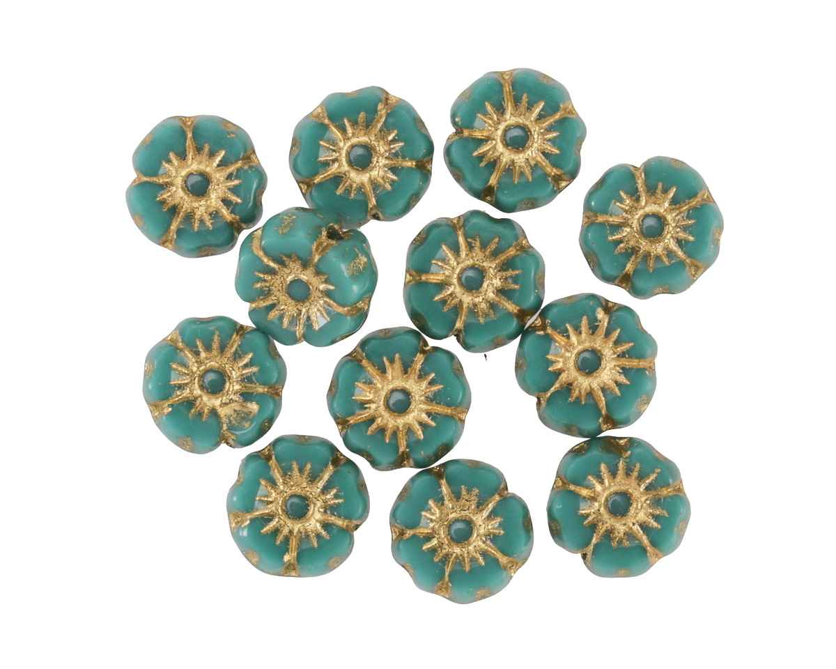 Czech Glass Green Turquoise w/ Gold Hibiscus Coin 7mm