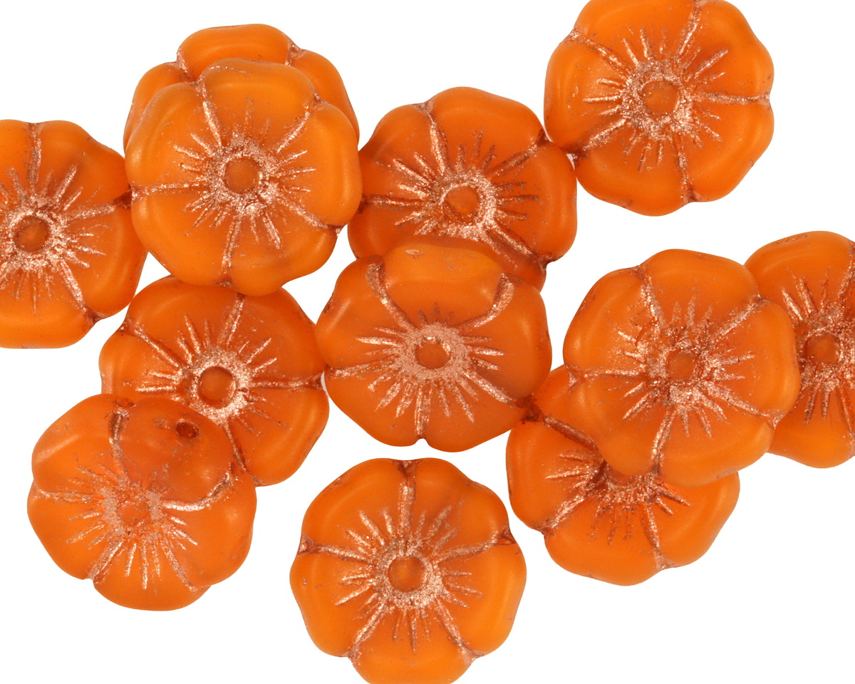 Czech Glass Tangerine Opal w/ Copper Hibiscus Coin 12mm