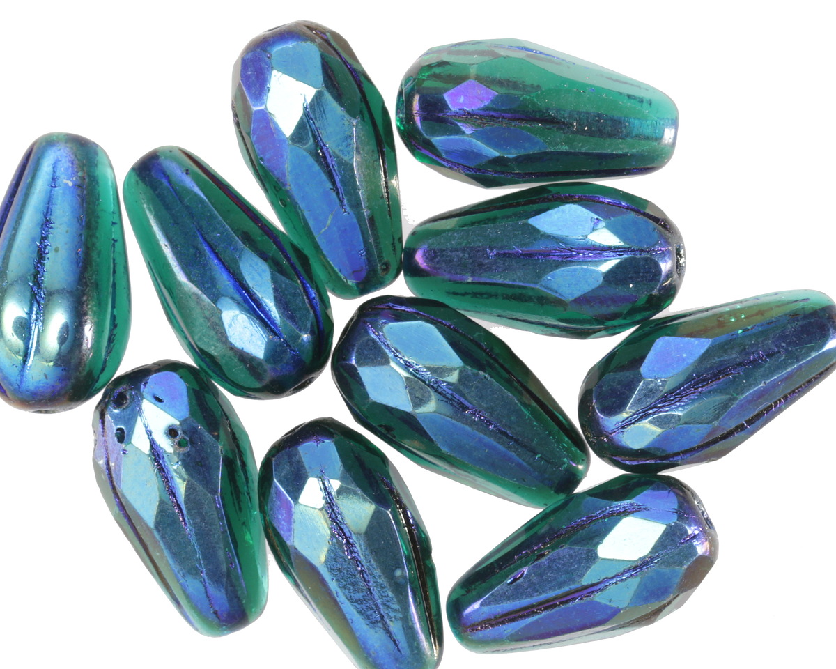 Czech Glass Emerald AB w/ Cobalt Faceted Teardrop 15x8mm