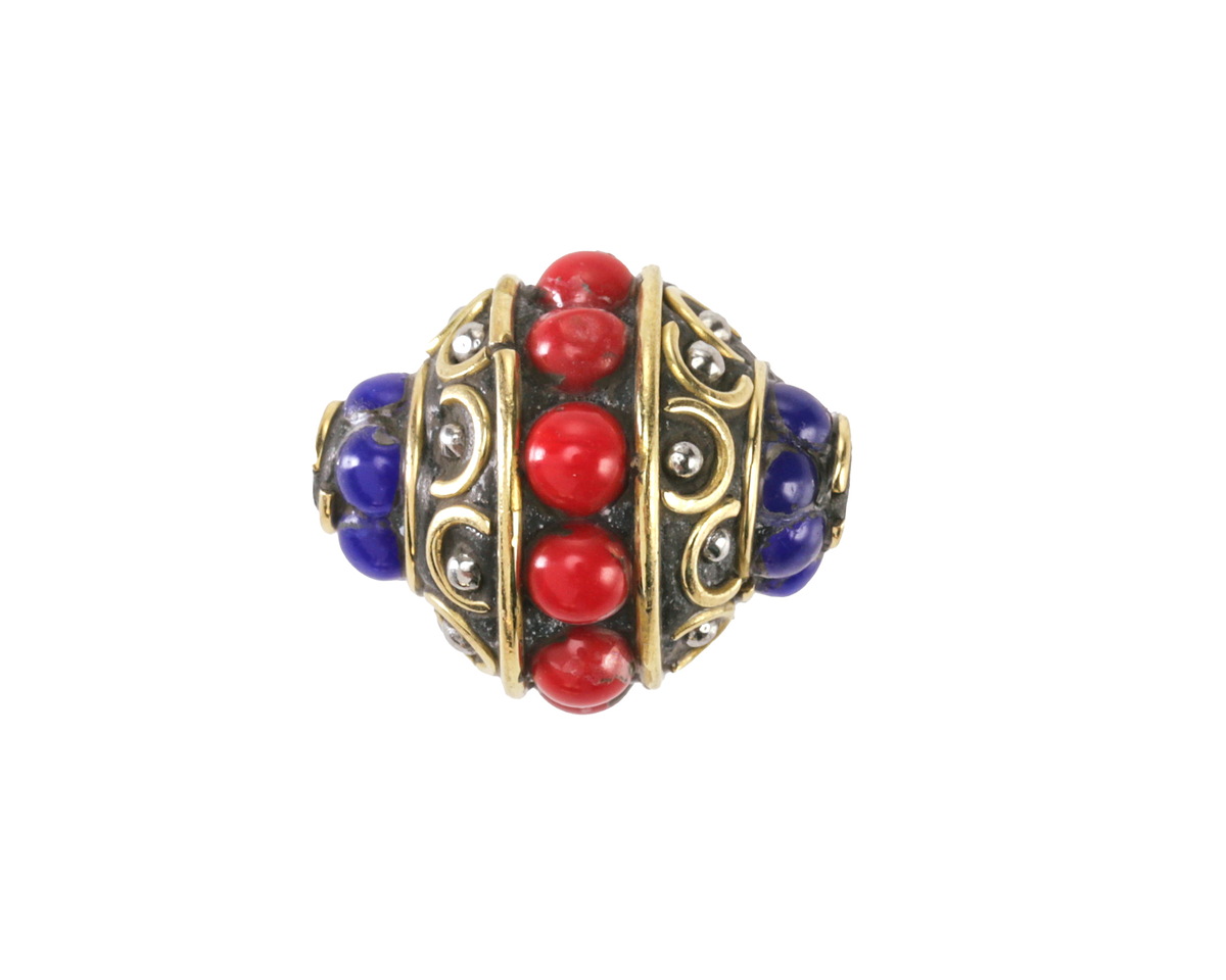 Nepalese Brass w/ Bands of Coral & Lapis Dots Rice 24-25x17mm