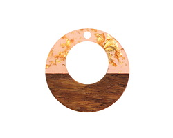 Walnut Wood & Blossom w/ Gold Foil Resin Off-Center Hoop Focal 28mm