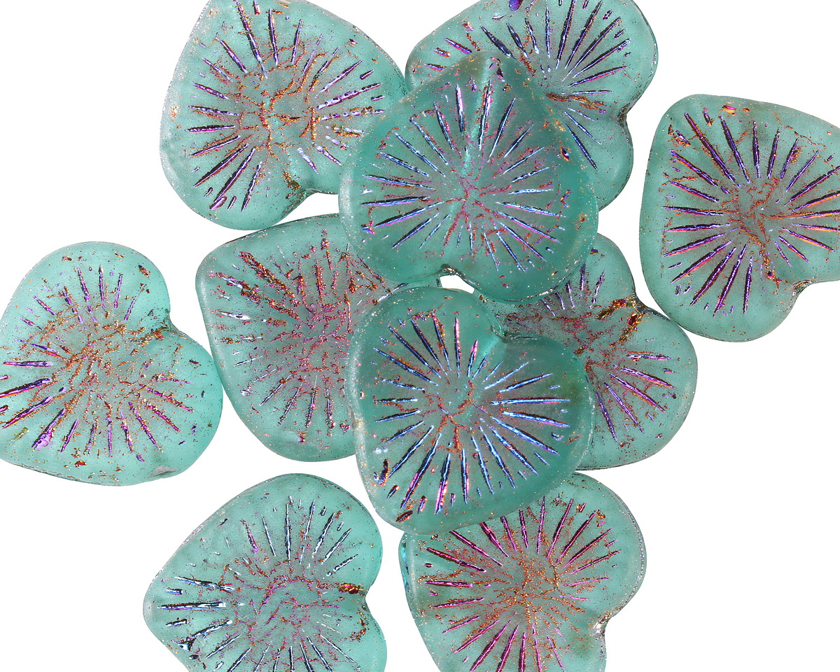 Czech Glass Matte Island Blue w/ Volcano Wash Starburst Heart 13x14mm