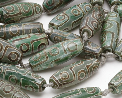 Tibetan (Dzi) Agate Green & Brown w/ Steps & Circles Rice 38-40x14-15mm