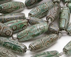 Tibetan (Dzi) Agate Green & Brown w/ Steps & Circles Rice 38-40x14-15mm