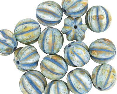 Czech Glass Bisque Picasso w/ Blue Melon Round 10mm