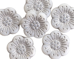 Czech Glass Matte White w/ Silver Wild Rose Coin 18mm