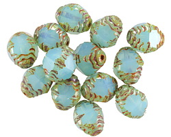 Czech Glass Blue Opal Picasso Etched Bicone 10x8mm