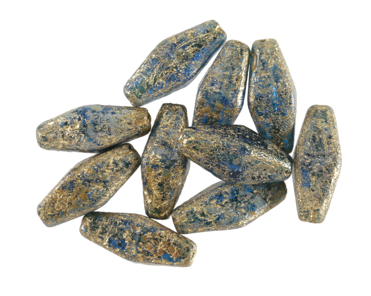 Czech Glass Textured Pacific Blue w/ Gold Rhombus 14x7mm