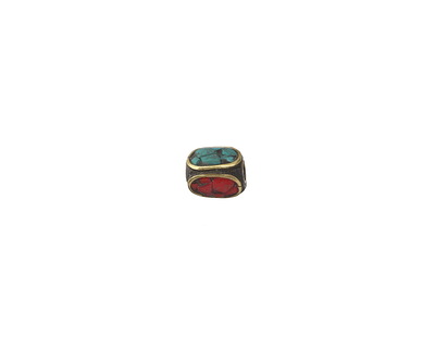 Nepalese Brass 4-Sided Bead w/ Turquoise & Coral Mosaic 10-11x8-9mm