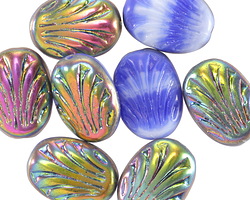 Czech Glass Cobalt Marble w/ Vitrail Fan Oval 17x12mm