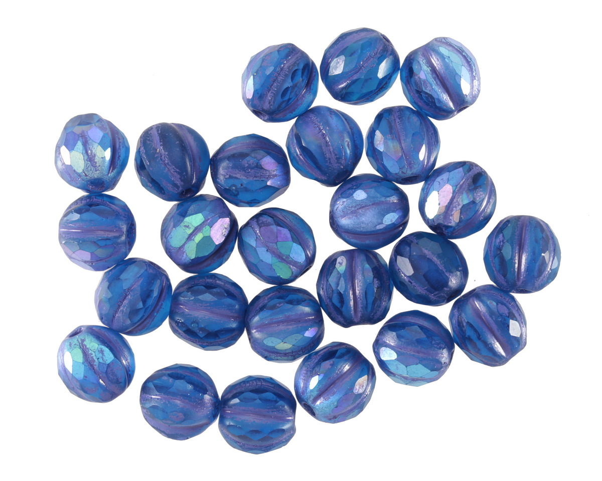 Czech Glass Matte Pacific Blue w/ Purple Luster & Faceted Melon Round 6mm