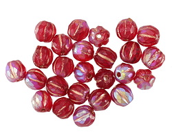 Czech Glass Matte Ruby Red AB w/ Copper Faceted Melon 6mm