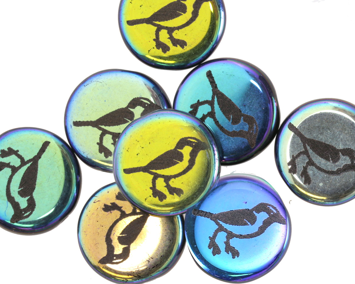 Czech Glass Laser Etched Bird on Jet AB Coin 14mm