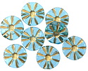 Czech Glass Aquamarine w/ Gold Flower Window Coin 12mm