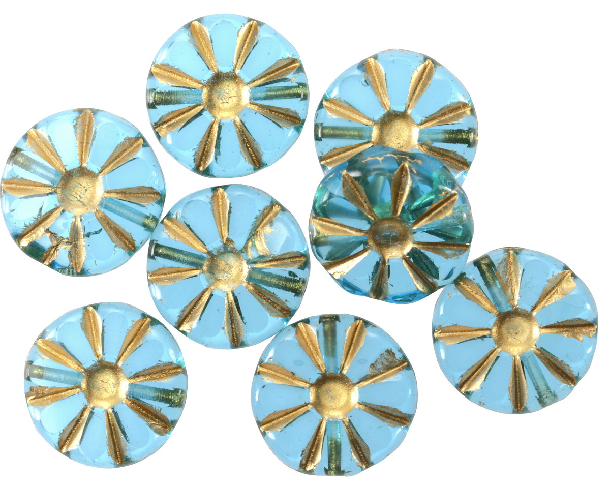 Czech Glass Aquamarine w/ Gold Flower Window Coin 12mm
