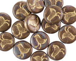 Czech Glass Brown and Blue Opaque Mix w/ Metallic Satin Patina and Gold Wash Bird Coin 12mm