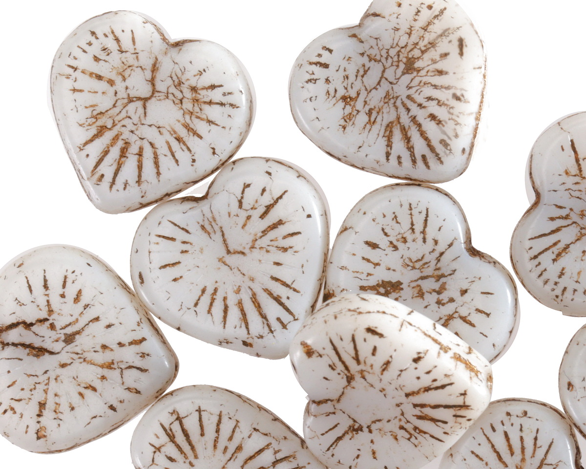 Czech Glass Matte White w/ Brown Wash Starburst Heart 14mm
