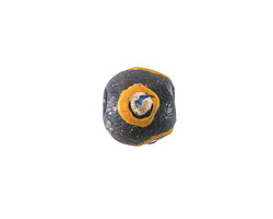 African Hand-Painted Yellow Rings & White Dot on Black Powder Glass (Krobo) Round 12-13mm